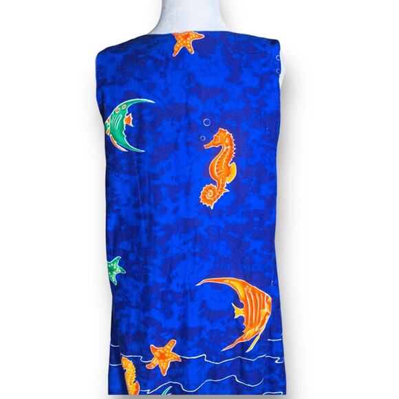 Vintage 90s In Gear Blue Ocean Fish Print Dress Tassel Hem Resort Boho Small - Picture 3 of 12